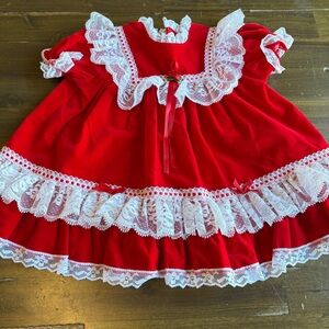 Vintage Red Velvet Lace Baby Girls Dress 12M 
Dainty Ruffles USA American